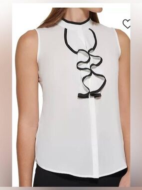 Calvin Klein White Sleeveless Ruffle-Trim blouse with Black Detail